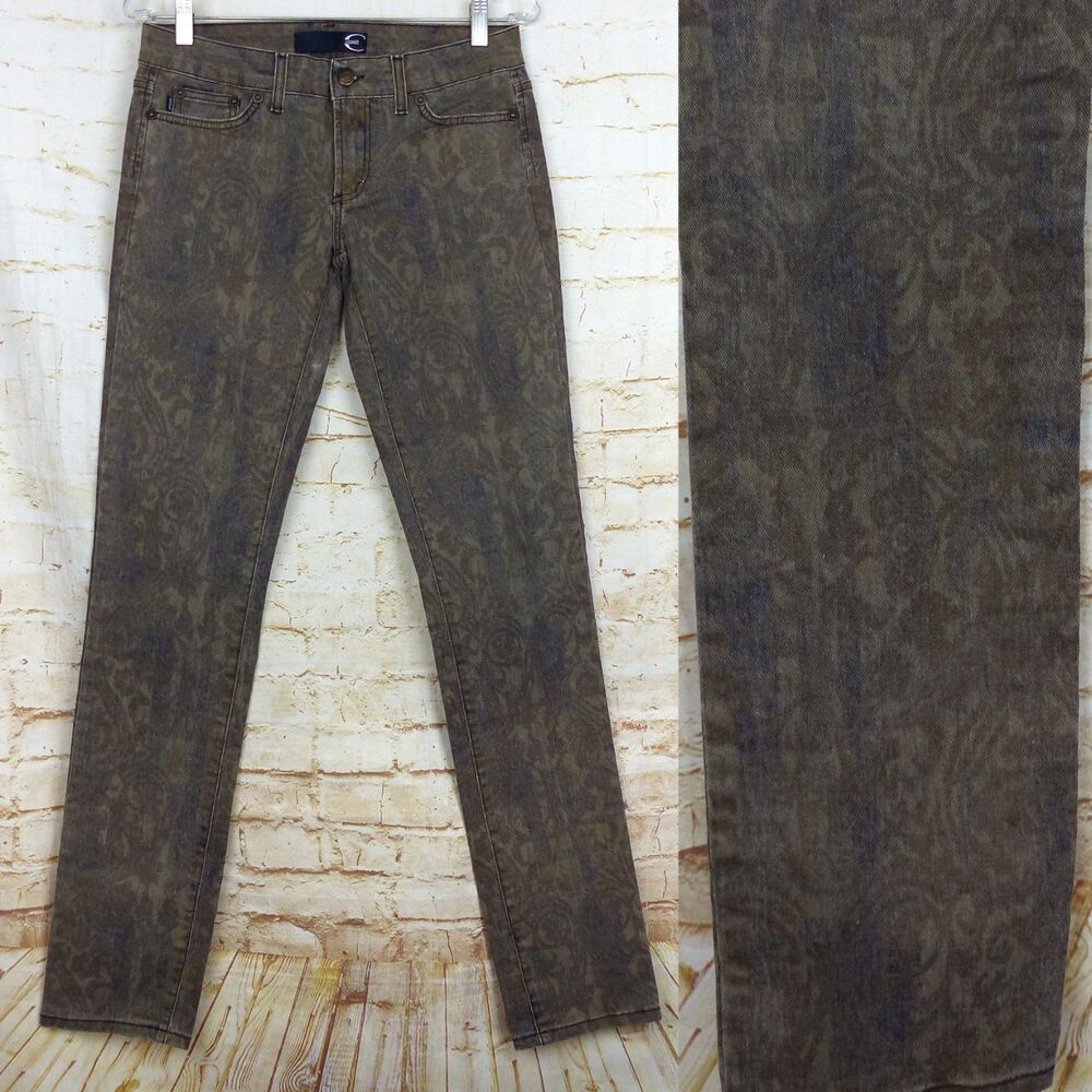 Just Cavalli Jeans Y2K Women 29 Brown Baroque Paisley Print Stretch Skinny Italy
